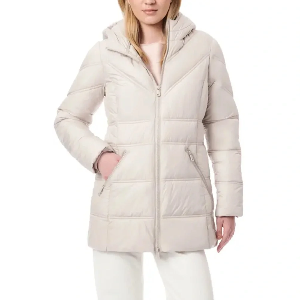 Bernardo EcoPlume Taupe Hooded Puffer Coat Recycled Insulation Size Small‎ Cream
